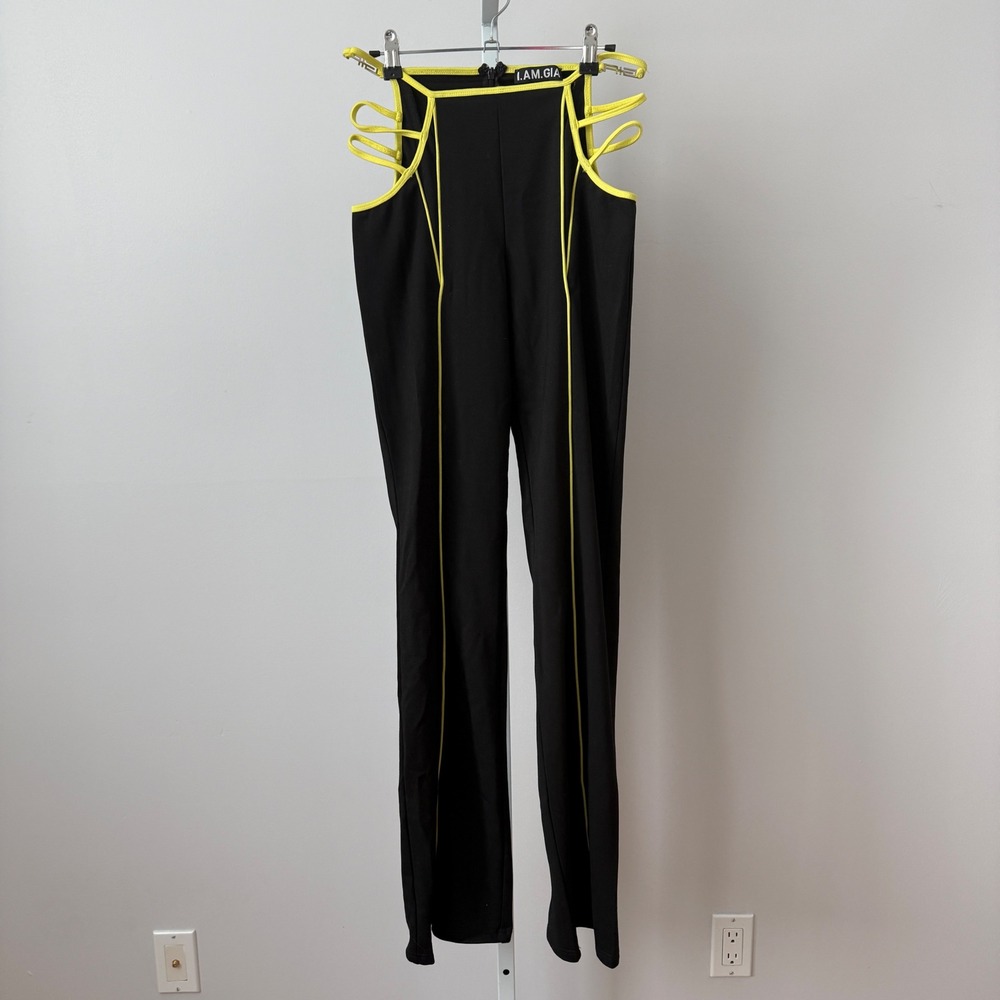 I.AM.GIA sz S Lucid Pant Black Neon Yellow Cut Out Strappy Flareβ Rave Y2K